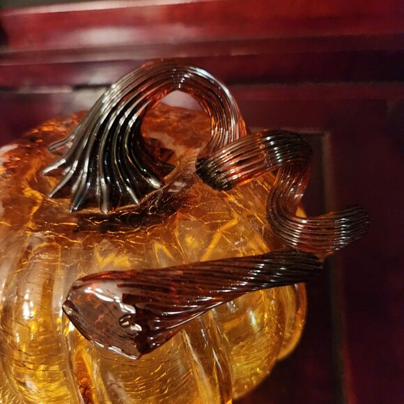 5" H Hand-Blown Glass Pumpkin Decoration with Crackled Finish in Amber & Brown - Picture 2 of 7